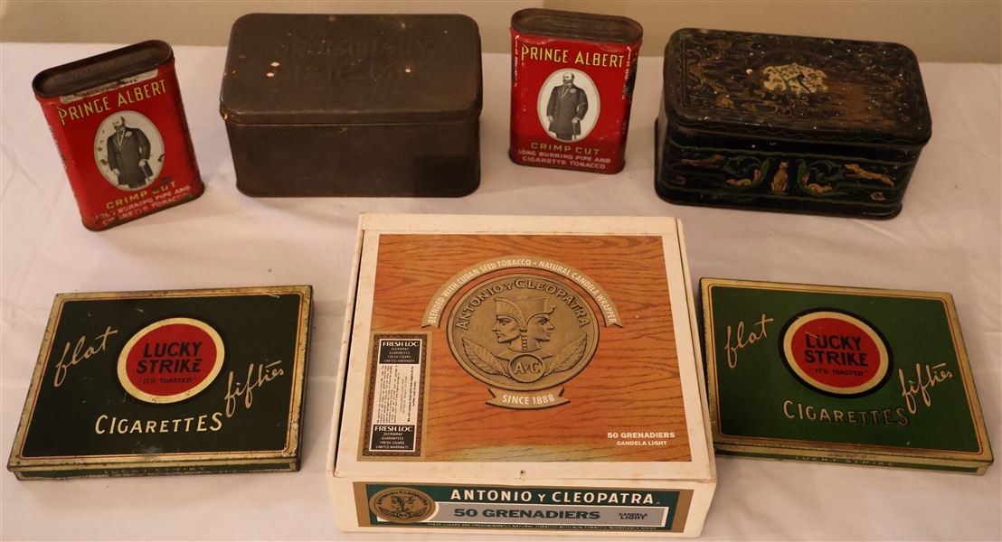 2 Lucky Strike Flat Filter Cigarettes Tins, 2 Prince Albert Tobacco Tins, Antonio y Cleopatra Cigar Box, Dromedary Dixie Mix Tin, and Other Tin 