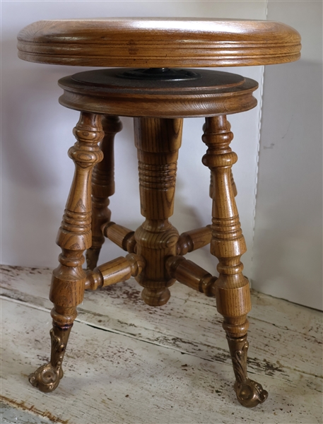 Oak Piano Stool with Brass Ball and Claw Feet - Swivel Seat - Stool Measures 18" Tall 15" Across