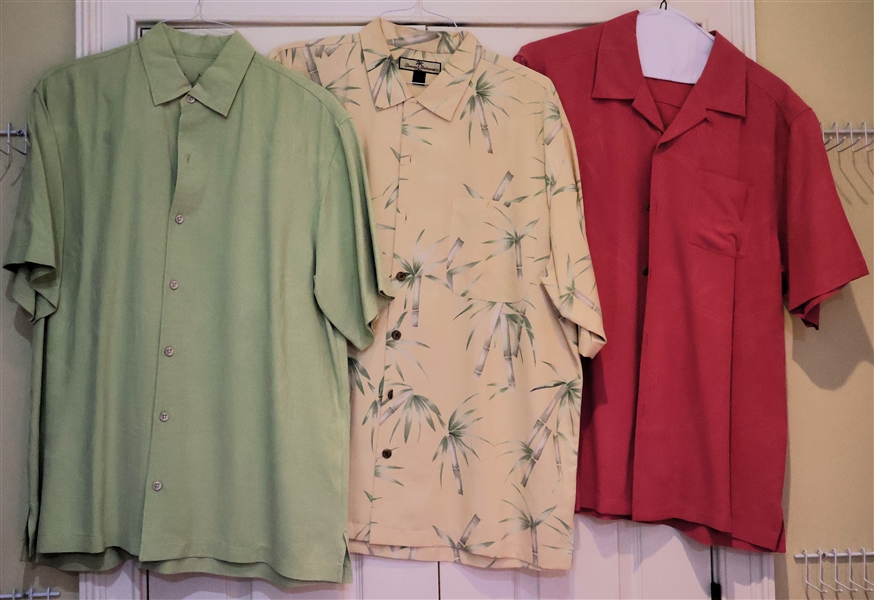 3 - Tommy Bahama Silk Shirts - Size Large - Light Green, Butter Yellow with Bamboo, and Pinkish Red