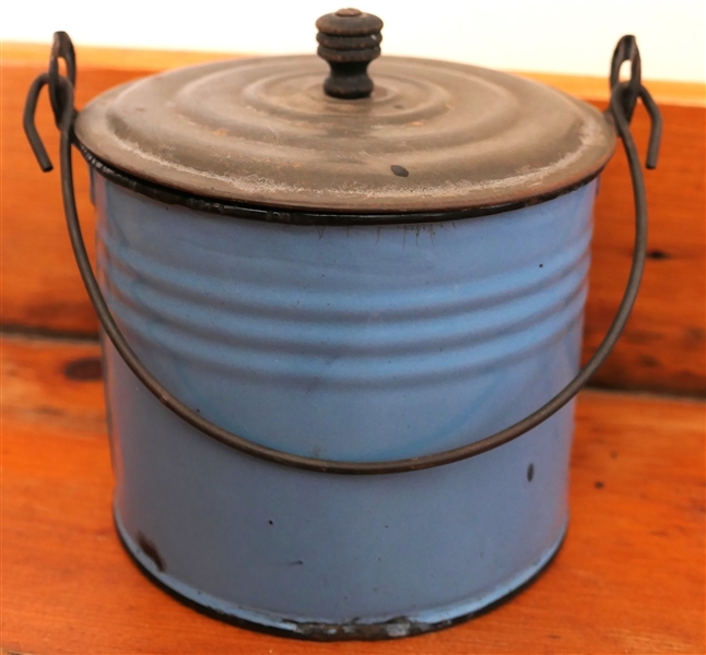 Early 19th Century Blue Enamel Lunch Pail with Lid - Measures 4" Tall 5" Across