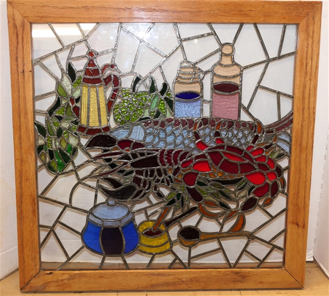 Handmade Leaded Glass Still Life - Lobsters, Crabs, Vegetables, Etc. - Framed - Frame Measures 20 1/2" by 21"