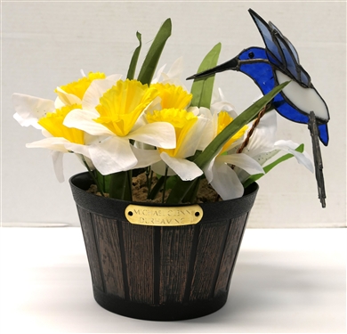 Handmade Leaded Glass Blue Hummingbird in Pot of Flowers - by Durham, NC Artist Michael Glenn - Bird Measures 8 Beak to Tail 7 1/2 Wing Span