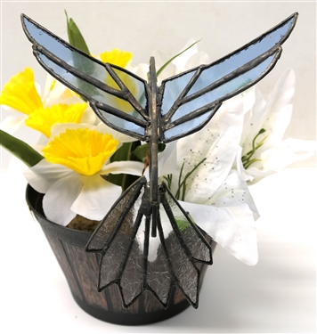 Handmade Leaded Glass Blue Hummingbird in Pot of Flowers - by Durham, NC Artist Michael Glenn - Bird Measures 8 Beak to Tail 7 1/2 Wing Span