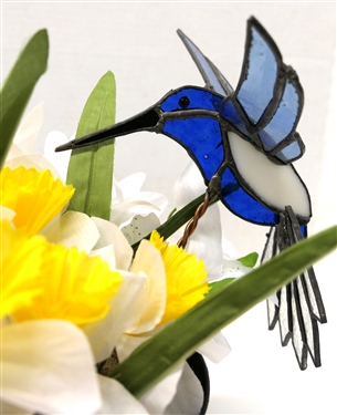 Handmade Leaded Glass Blue Hummingbird in Pot of Flowers - by Durham, NC Artist Michael Glenn - Bird Measures 8 Beak to Tail 7 1/2 Wing Span