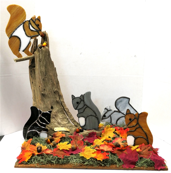 Handmade Nature Vignette with Leaded Glass Red and Gray Squirrels - Hand Crafted by North Carolina Artist Michael Glenn - Squirrels Measure 6 1/2" Tall