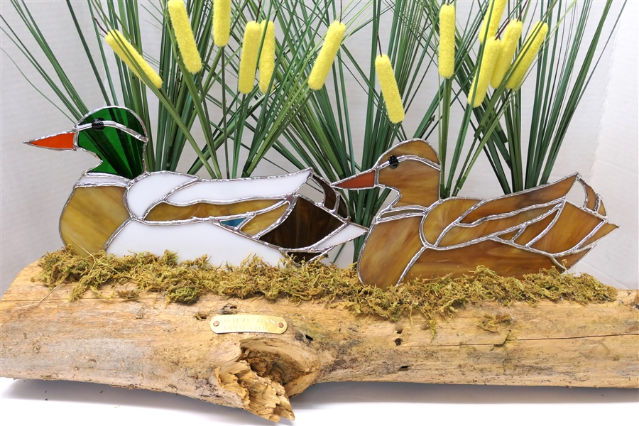 Handcrafted Leaded Glass and Wood Duck Vignette - Handmade by Durham NC Artist Michael Glenn - Log Measures 27" Long - Ducks Measure 6" Tall 13 1/2" Long