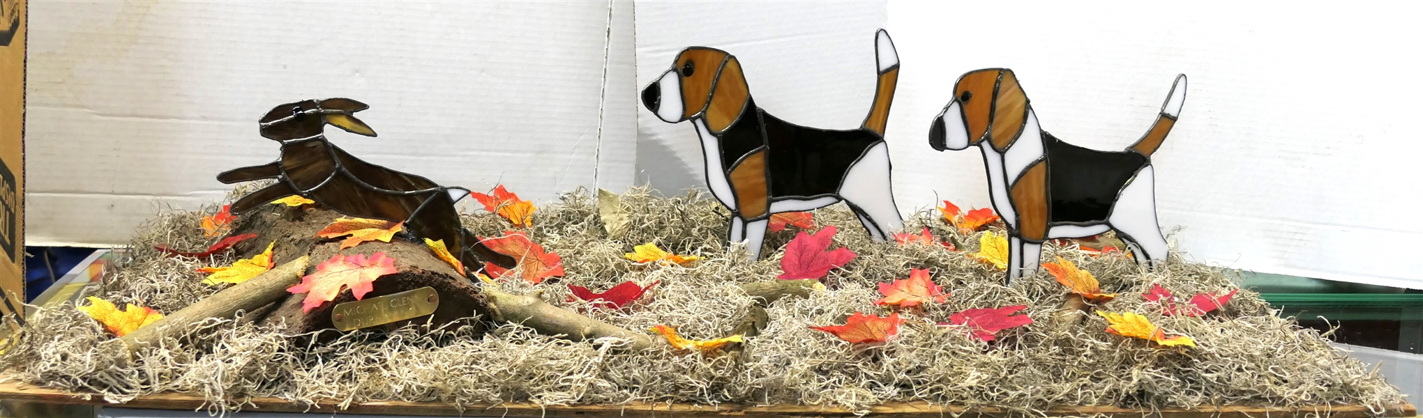 Handmade Leaded Glass Beagles Chasing a Leaded Glass Rabbit on Wooden Plaque by Durham, NC Artist Michael Glenn - Dogs Measure 8 1/2" Tall 12" Nose to Tail