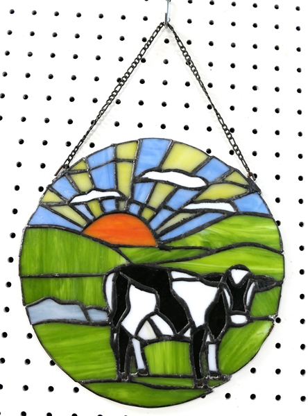 Handmade Leaded Glass Cow with Sunrise and Green Pasture by Durham NC Artist Micheal Glenn - Measures 11" Across