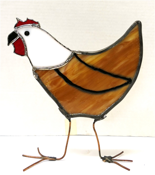 Handmade Leaded Glass Chicken Hen by Durham NC Artist Michael Glenn - Chicken Measures 9" Tall 