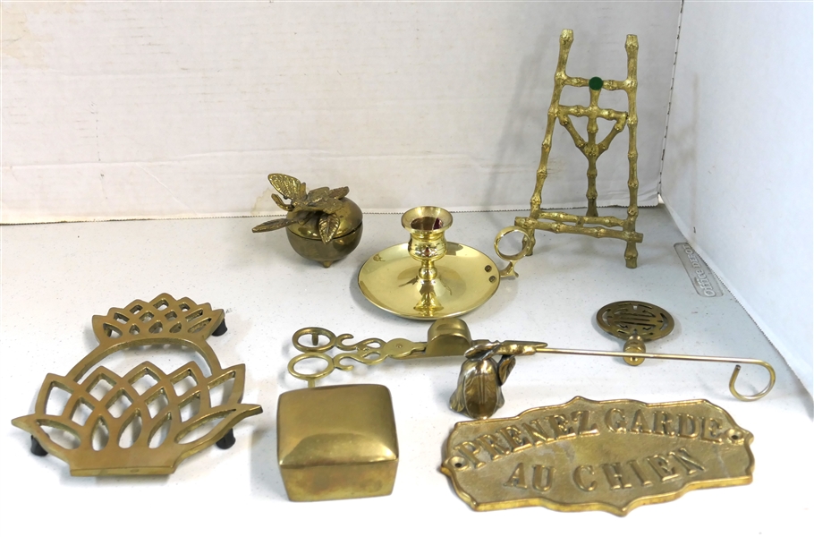 Collection of Brass Items including Plate Stand, Candle Holder, Candle Snuff,  and Brass Trinket Boxes