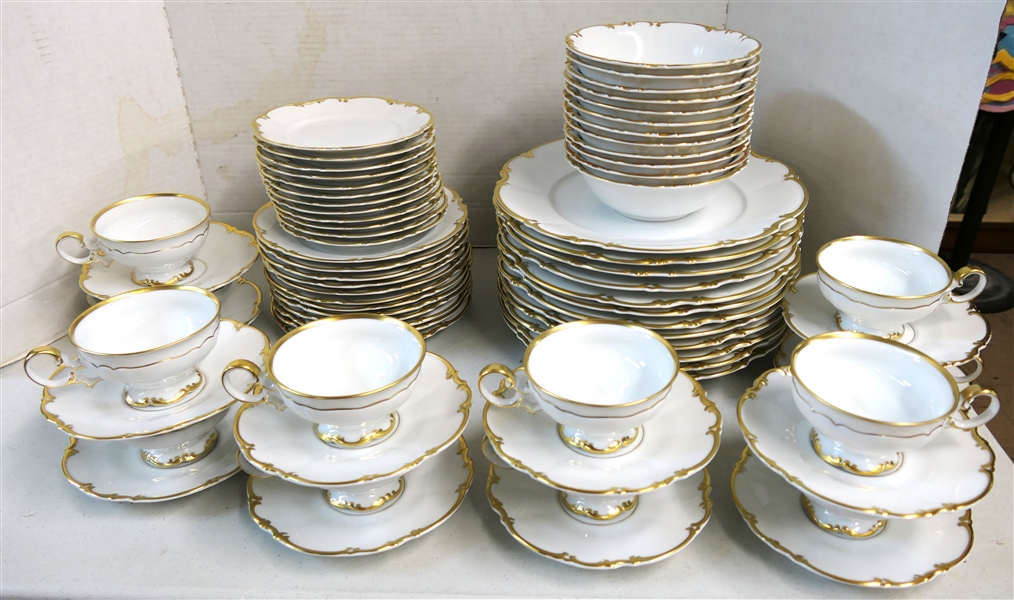 72 Pieces of Hutschenreuther "Brighton" China  - Ivor with Gold Trim - Including Dinner Plates, Salad Plates, Bread Plates, Bowls, Cup & Saucer Sets 