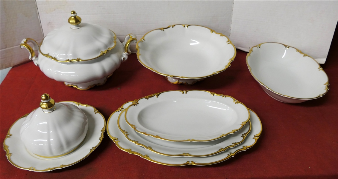 7 Hutschenreuther "Brighton" Serving Pieces - Ivory with Gold Trim including 12 1/2" Oval Platter, 10 1/2" Oval Bowl, 10 1/2" Footed Round Bowl, Covered Butter Dish, Covered Vegetable Bowl, and...