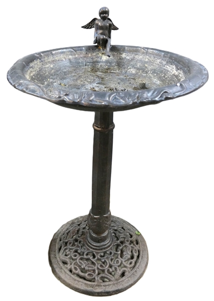 Cast Aluminum Bird Bath with Cherub - Scrolled Base - Measures 28" Tall 20" Across 