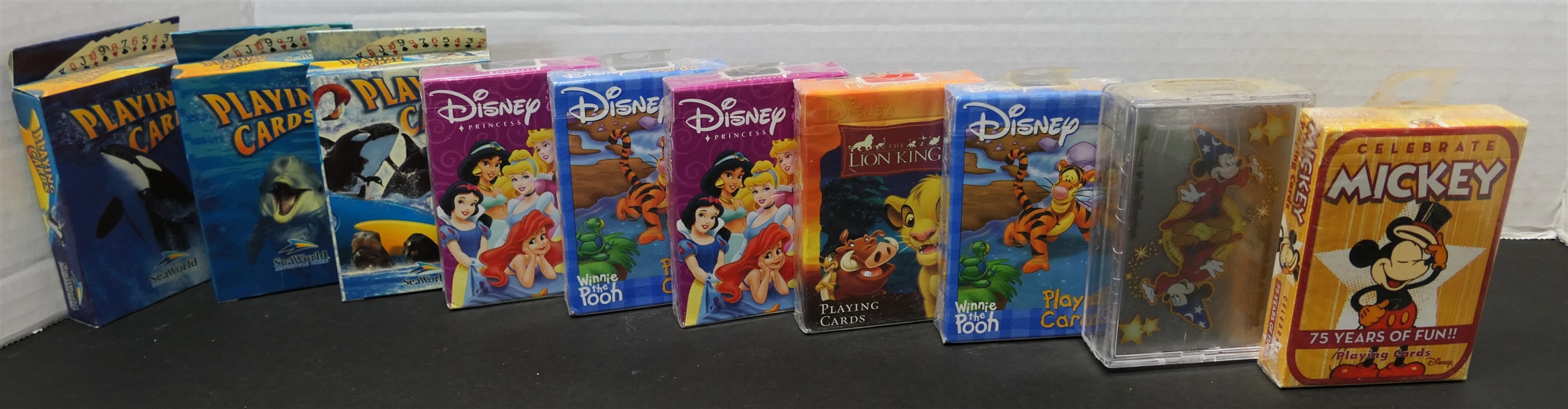 10 Decks of Playing Cards - Disney Celebrating 75 Years of Fun, Winnie the Pooh, The Lion King, Princesses, and Disney World Resort and 3 Deck of Sea World