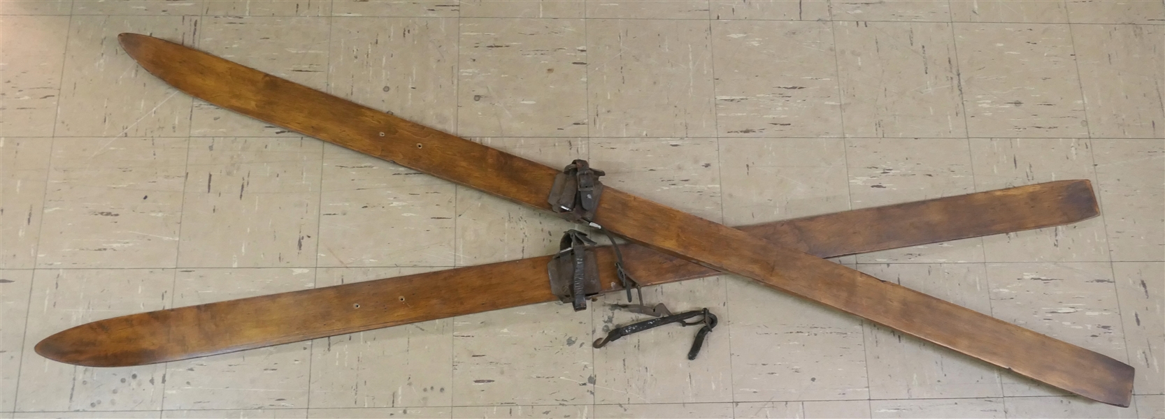 Pair of Antique Wood Snow Skis with Leather Straps - Skis Measure 70" Long 