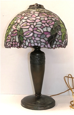 Beautiful Tiffany Type Leaded Glass Lamp with Bronze Base - Wisteria Flower Shade - Lamp Measures 23 Tall Shade Measures 12 Across