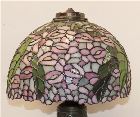 Beautiful Tiffany Type Leaded Glass Lamp with Bronze Base - Wisteria Flower Shade - Lamp Measures 23 Tall Shade Measures 12 Across