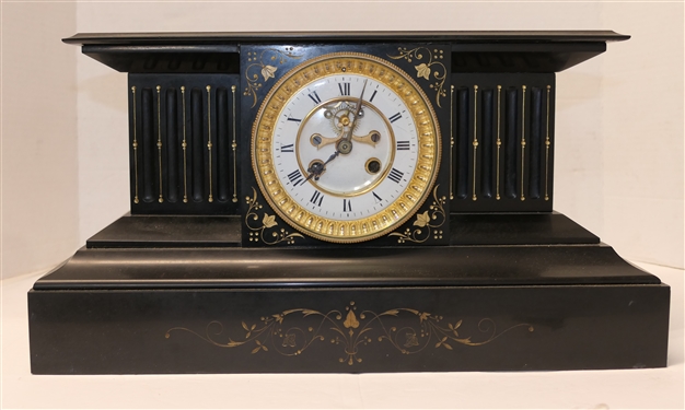 Fine Black Onyx Mantle Clock with Gold Leaf Decoration Beautiful Porcelain Dial with Gold Tone Rim - Very Heavy Clock - Measures 9 tall 16 by 7 3/4
