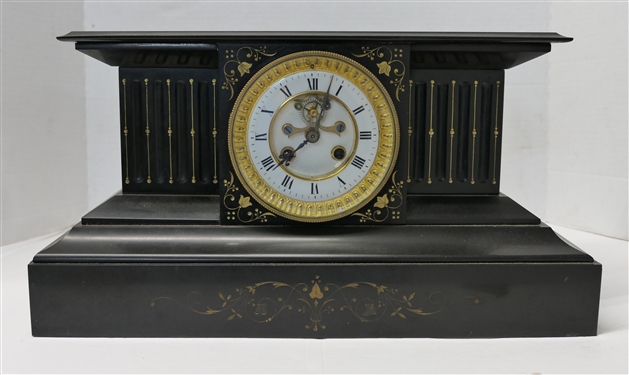 Fine Black Onyx Mantle Clock with Gold Leaf Decoration Beautiful Porcelain Dial with Gold Tone Rim - Very Heavy Clock - Measures 9 tall 16 by 7 3/4