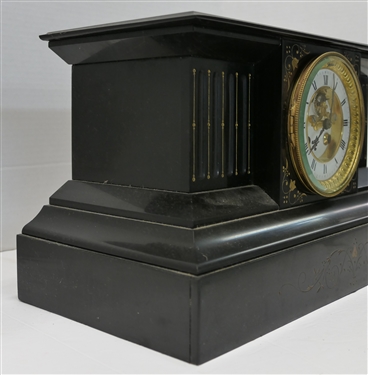 Fine Black Onyx Mantle Clock with Gold Leaf Decoration Beautiful Porcelain Dial with Gold Tone Rim - Very Heavy Clock - Measures 9 tall 16 by 7 3/4