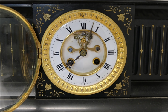 Fine Black Onyx Mantle Clock with Gold Leaf Decoration Beautiful Porcelain Dial with Gold Tone Rim - Very Heavy Clock - Measures 9 tall 16 by 7 3/4