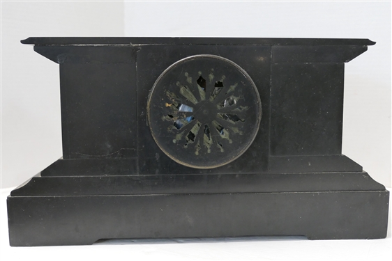 Fine Black Onyx Mantle Clock with Gold Leaf Decoration Beautiful Porcelain Dial with Gold Tone Rim - Very Heavy Clock - Measures 9 tall 16 by 7 3/4