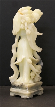 Hand Carved Asian Stone Figure with Marble Base - Intricate Carved Flowers - She Has Been Repaired - See Photos - Measures 9 1/2 Tall 
