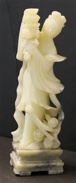 Hand Carved Asian Stone Figure with Marble Base - Intricate Carved Flowers - She Has Been Repaired - See Photos - Measures 9 1/2 Tall 