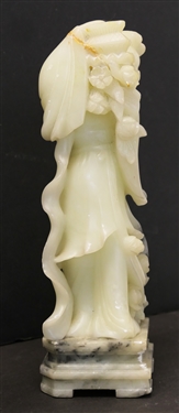 Hand Carved Asian Stone Figure with Marble Base - Intricate Carved Flowers - She Has Been Repaired - See Photos - Measures 9 1/2 Tall 