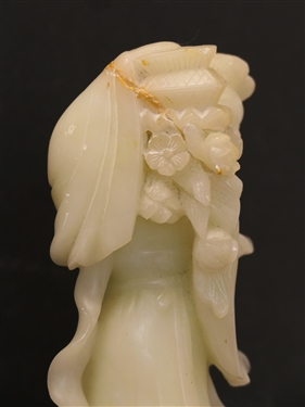 Hand Carved Asian Stone Figure with Marble Base - Intricate Carved Flowers - She Has Been Repaired - See Photos - Measures 9 1/2 Tall 