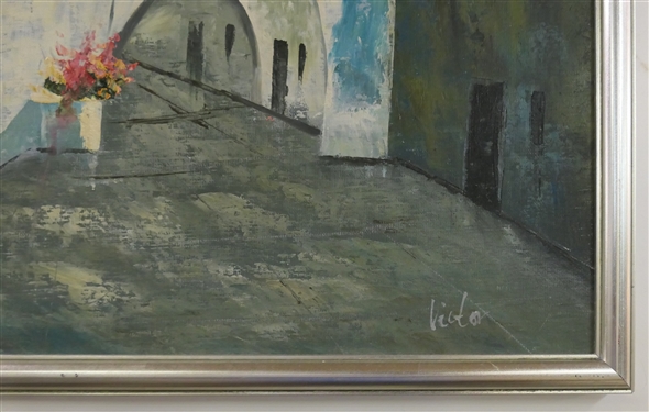 Oil on Canvas Painting of Mediterranean Street Scene - Signed Victor - Framed in Nice Silver Tone Frame - Frame Measures 21 1/2 by 25 1/2