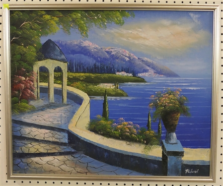 Oil on Canvas Painting of Mediterranean Water Scene - Signed Richard - Framed in Nice Silver Tone Frame - Frame Measures 21 1/2 by 25 1/2