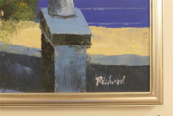 Oil on Canvas Painting of Mediterranean Water Scene - Signed Richard - Framed in Nice Silver Tone Frame - Frame Measures 21 1/2 by 25 1/2