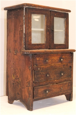 Miniature Offset Cupboard - 2 Glass Doors Over 3 Drawers - Cupboard Measures 12 1/2 Tall 5 by 8 