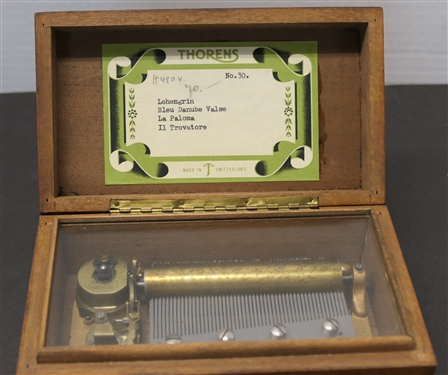 Thorens No. 30 - Walnut Cylinder Music Box - Plays Lohengrin - Bleu Danube Valse - La Paloma - Il Trovatore - Box Measures 3 Tall 6 1/2 by 4