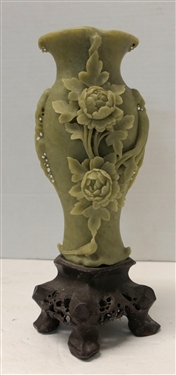 Hand carved Asian Soap Stone Vase with Hand Carved Stone Base - Intricate Flowers Leaves and Pierced Work - Measures 10 tall 