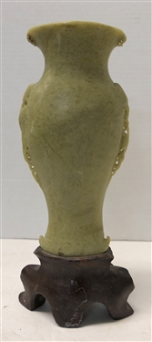Hand carved Asian Soap Stone Vase with Hand Carved Stone Base - Intricate Flowers Leaves and Pierced Work - Measures 10 tall 