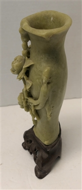 Hand carved Asian Soap Stone Vase with Hand Carved Stone Base - Intricate Flowers Leaves and Pierced Work - Measures 10 tall 