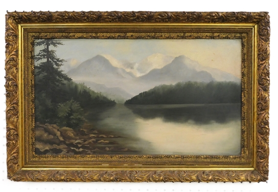 Beautiful Antique Oil on Canvas Landscape Painting in Ornate Gold Gilt Frame - Frame Measures 19 by 29 1/2 