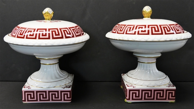 Pair of Mottahedeh RB 1875 Portugal Lidded Compotes - Classical Greek Key Motif - Each Measures 7 3/4 Tall 