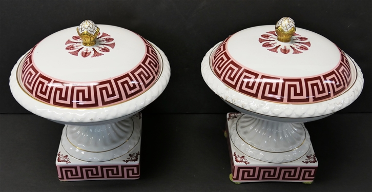 Pair of Mottahedeh RB 1875 Portugal Lidded Compotes - Classical Greek Key Motif - Each Measures 7 3/4 Tall 