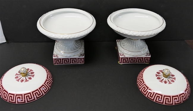 Pair of Mottahedeh RB 1875 Portugal Lidded Compotes - Classical Greek Key Motif - Each Measures 7 3/4 Tall 
