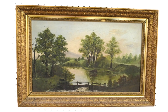 Beautiful 19th Century Landscape Painting with Stream and Cow in Lovely Gold Gilt Frame - Frame Measures 16 by 22 