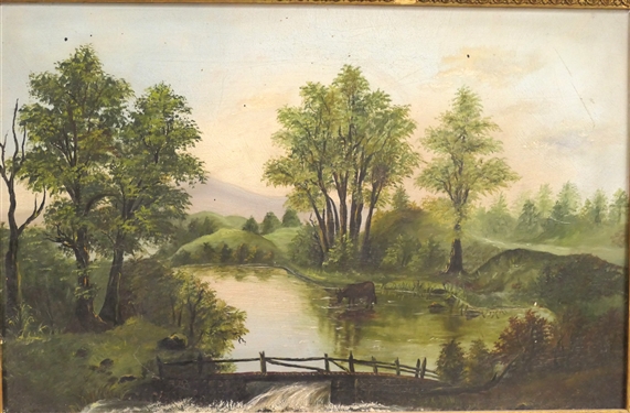 Beautiful 19th Century Landscape Painting with Stream and Cow in Lovely Gold Gilt Frame - Frame Measures 16 by 22 