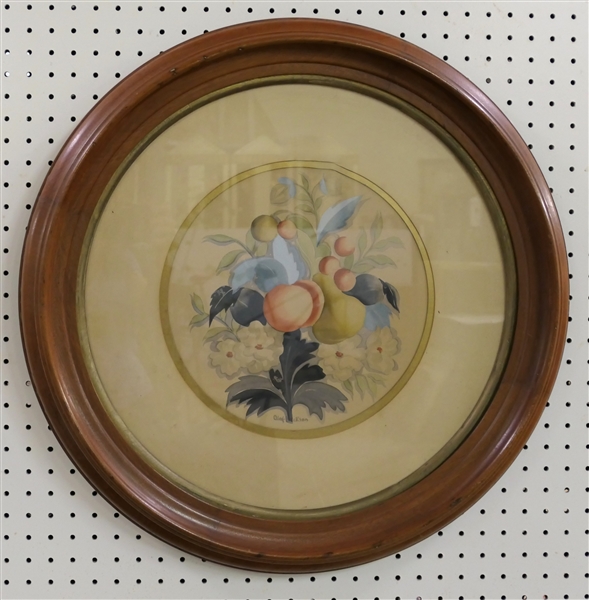 Olaf Erickson Watercolor Botanical Painting - Fruits and Flowers in Nice Round Walnut Frame - Framed and Matted - Frame Measures 24" Across