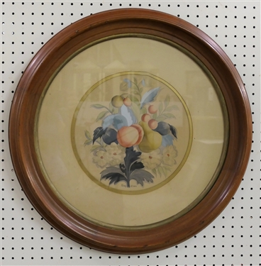 Olaf Erickson Watercolor Botanical Painting - Fruits and Flowers in Nice Round Walnut Frame - Framed and Matted - Frame Measures 24 Across
