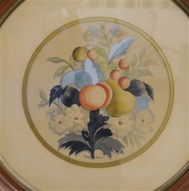 Olaf Erickson Watercolor Botanical Painting - Fruits and Flowers in Nice Round Walnut Frame - Framed and Matted - Frame Measures 24 Across