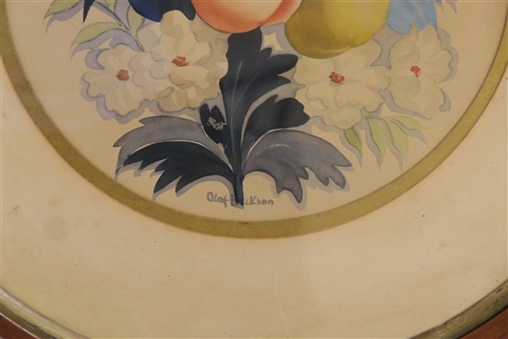 Olaf Erickson Watercolor Botanical Painting - Fruits and Flowers in Nice Round Walnut Frame - Framed and Matted - Frame Measures 24 Across