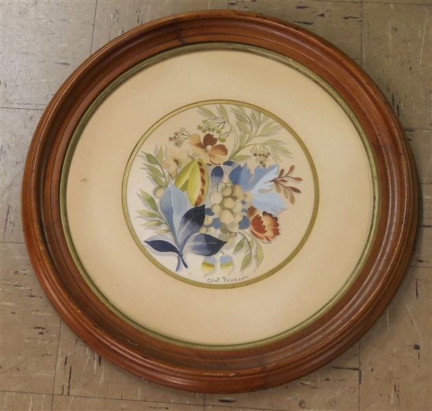 Olaf Erickson Watercolor Botanical Painting - Lovely Flowers in Nice Round Walnut Frame - Framed and Matted - Frame Measures 24" Across
