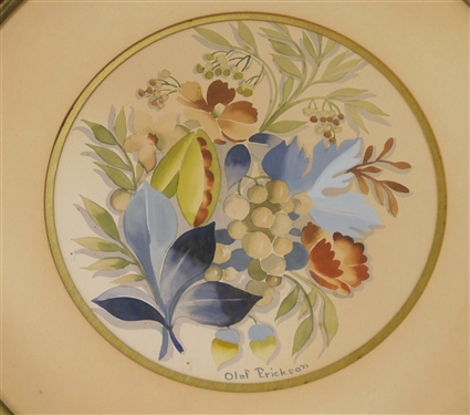 Olaf Erickson Watercolor Botanical Painting - Lovely Flowers in Nice Round Walnut Frame - Framed and Matted - Frame Measures 24 Across
